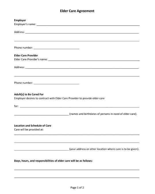 Free Printable PDF Form Elder Care Agreement Elderly Care 