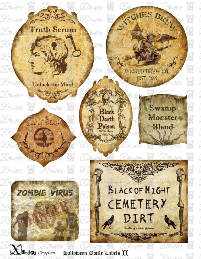 Haunted Halloween Spooky Bottle Labels II By XanderGraphics Halloween ...