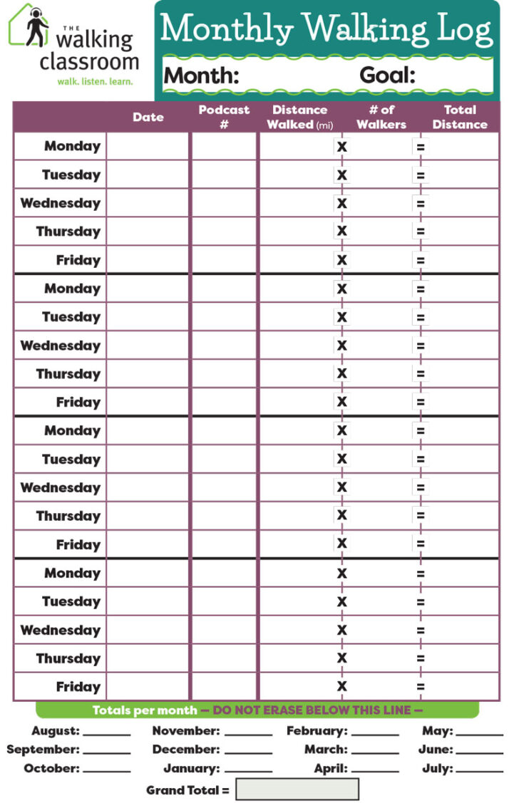 Free Printable Walking Log Chart