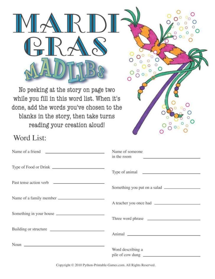 Printable Mardi Gras Mad Libs