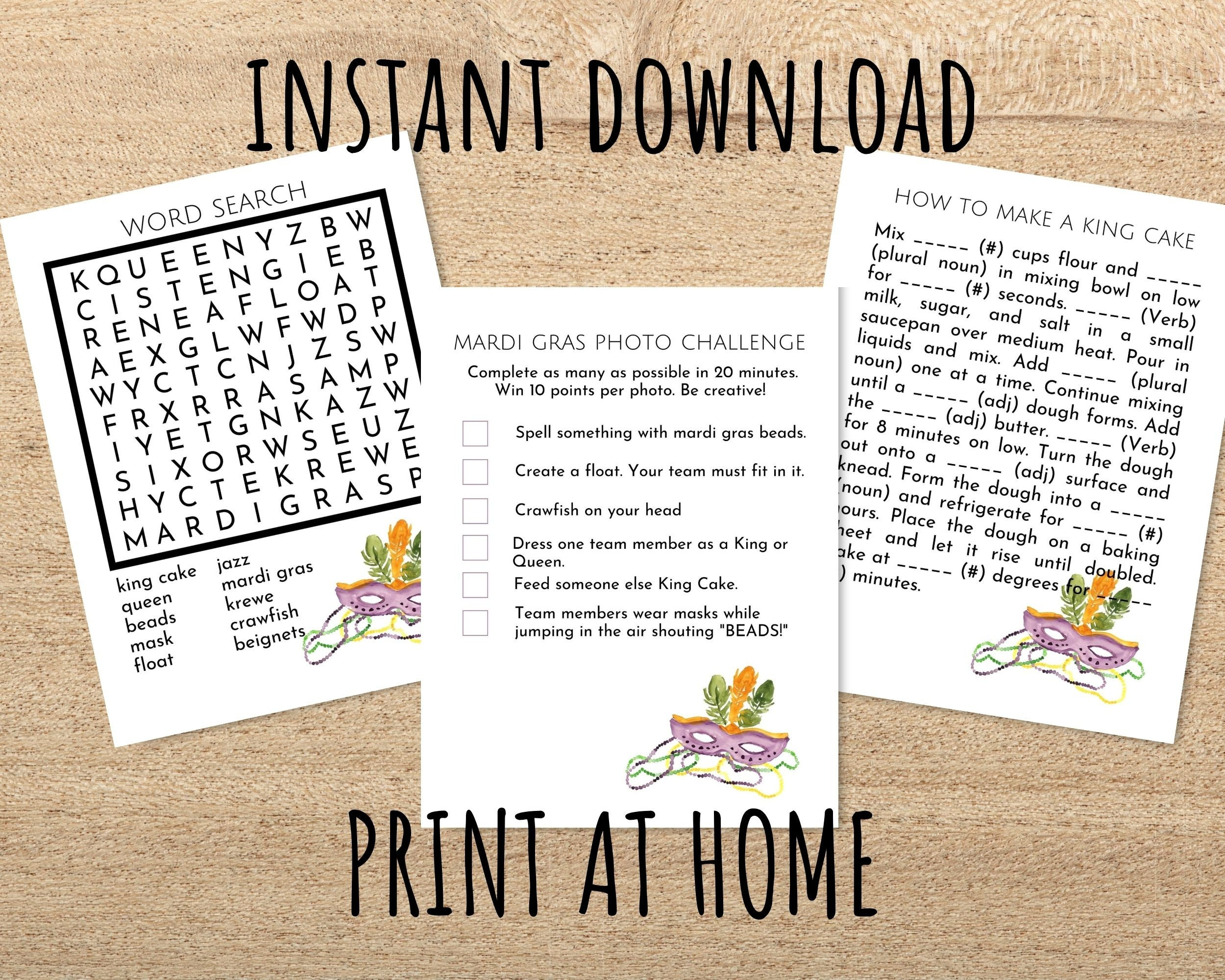 Mardi Gras Printable Party Games Word Search Mad Libs Photo Etsy