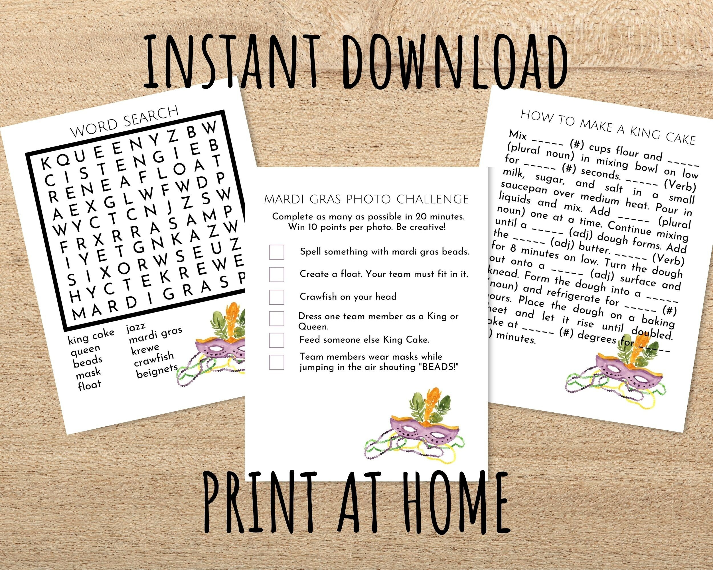 Mardi Gras Printable Party Games Word Search Mad Libs Photo Etsy