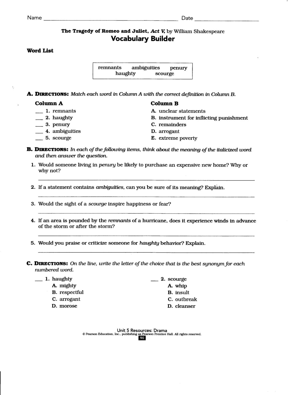 Romeo And Juliet Worksheets Act 1 Db Excel | Gerald Printable