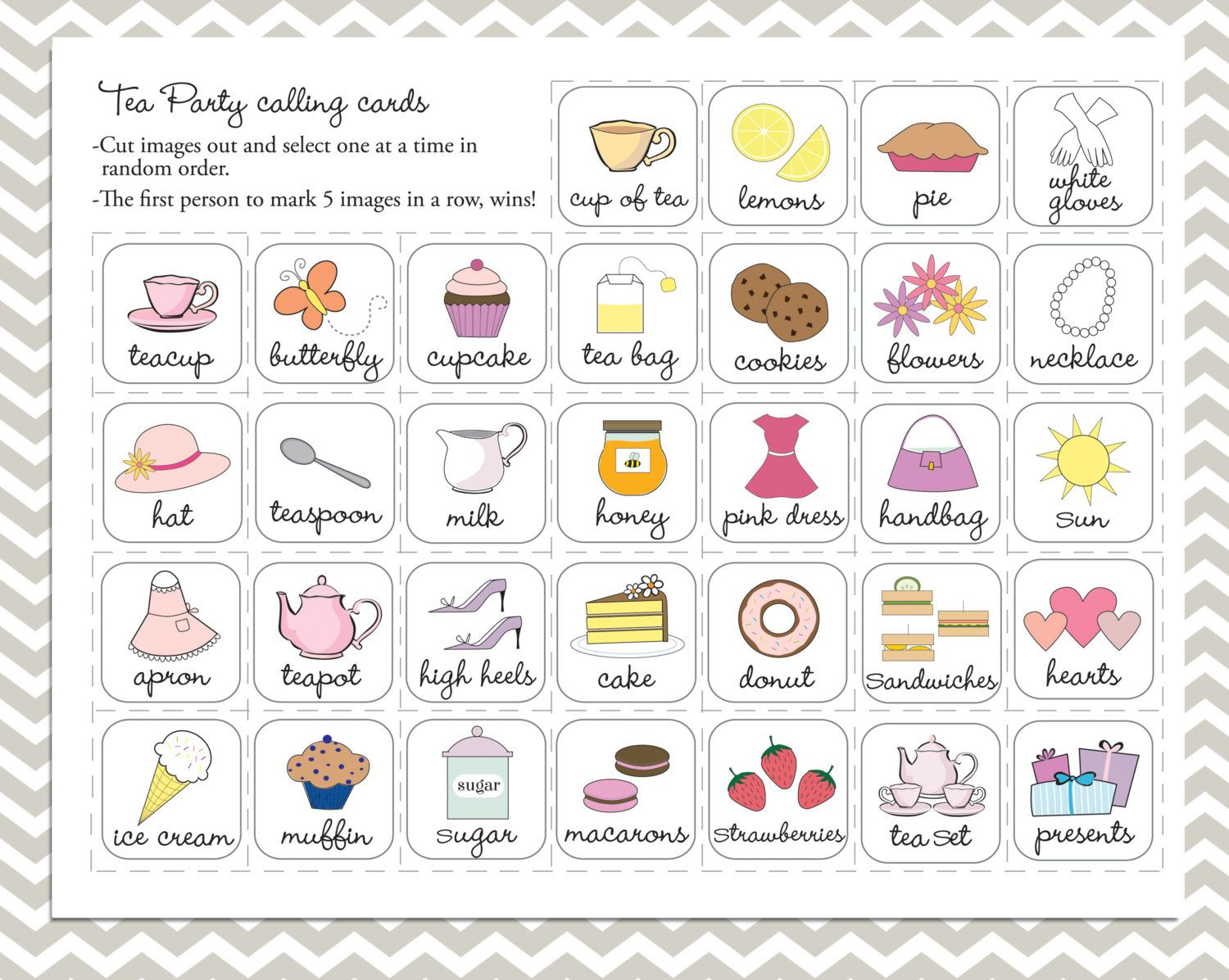 Tea Party Bingo Cards In Purple 20 Unique Game Cards Printable 