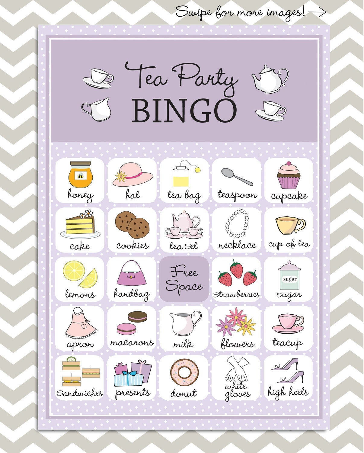 Tea Party Bingo In Purple 20 Unique Game Cards Printable