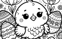 Fluffy Easter Chick With Easter Eggs And Flowers: Coloring Page inside Printable Easter Chick Coloring Pages