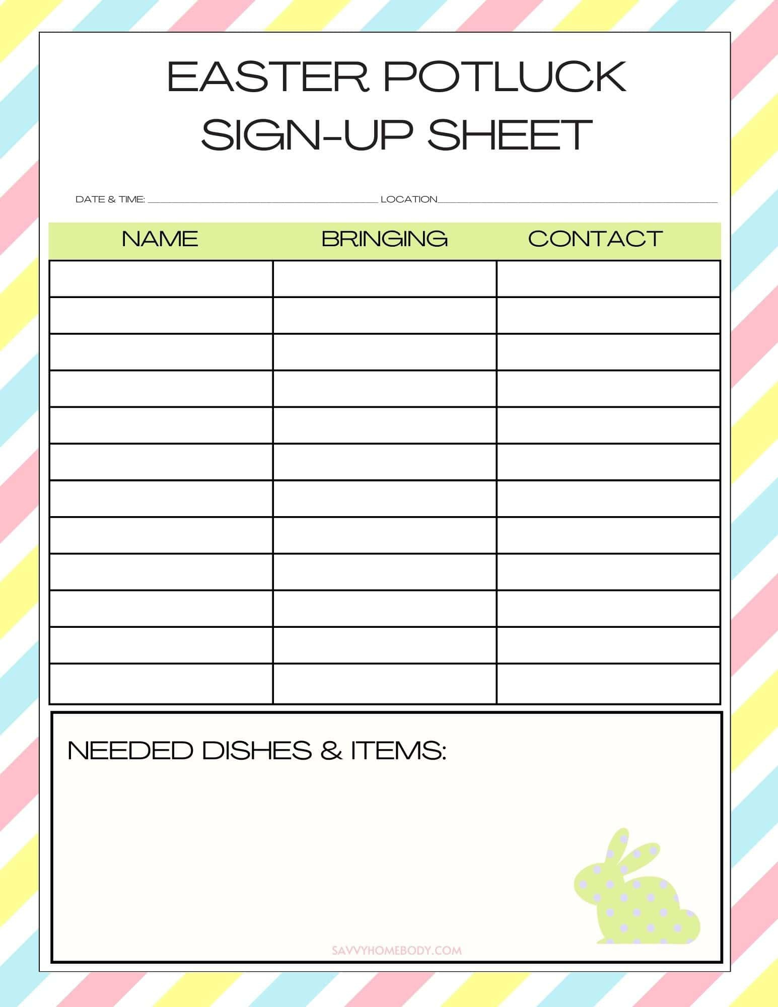 Free Printable Easter Potluck Sign Up Sheets throughout Easter Potluck Sign Up Sheet Free Printable