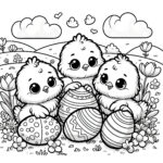 Three Cute Easter Chicks With Easter Eggs: Coloring Page Free For With Printable Easter Chick
