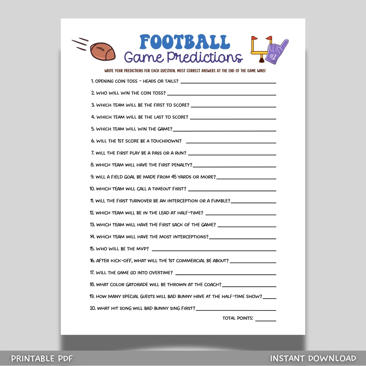 2024 Super Bowl Football Predictions Game Printable