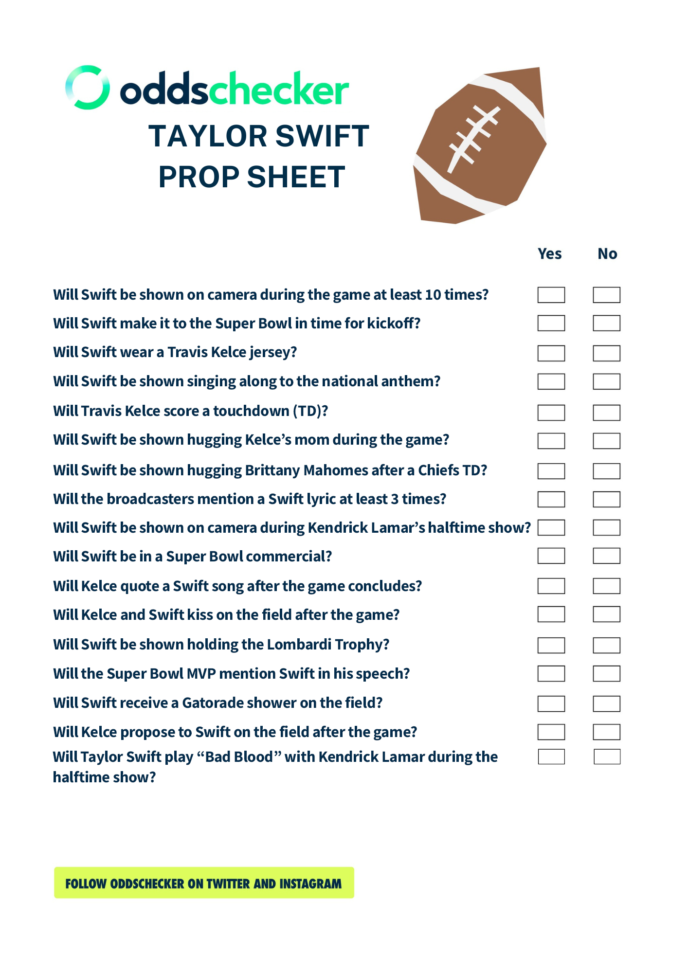 20240211 Printable Taylor Swift Super Bowl Prop Sheet Super Bowl 58 Prop Sheet Featuring Taylor Swift Prop Bets