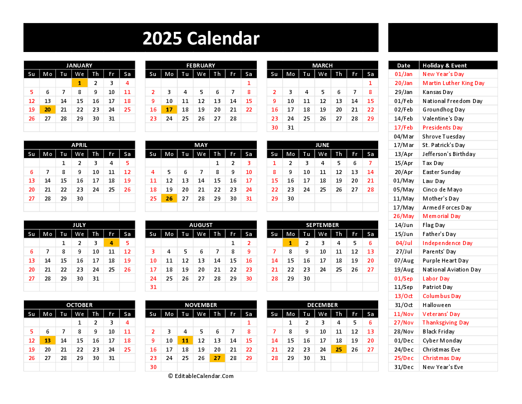 2025 Printable Calendar Free