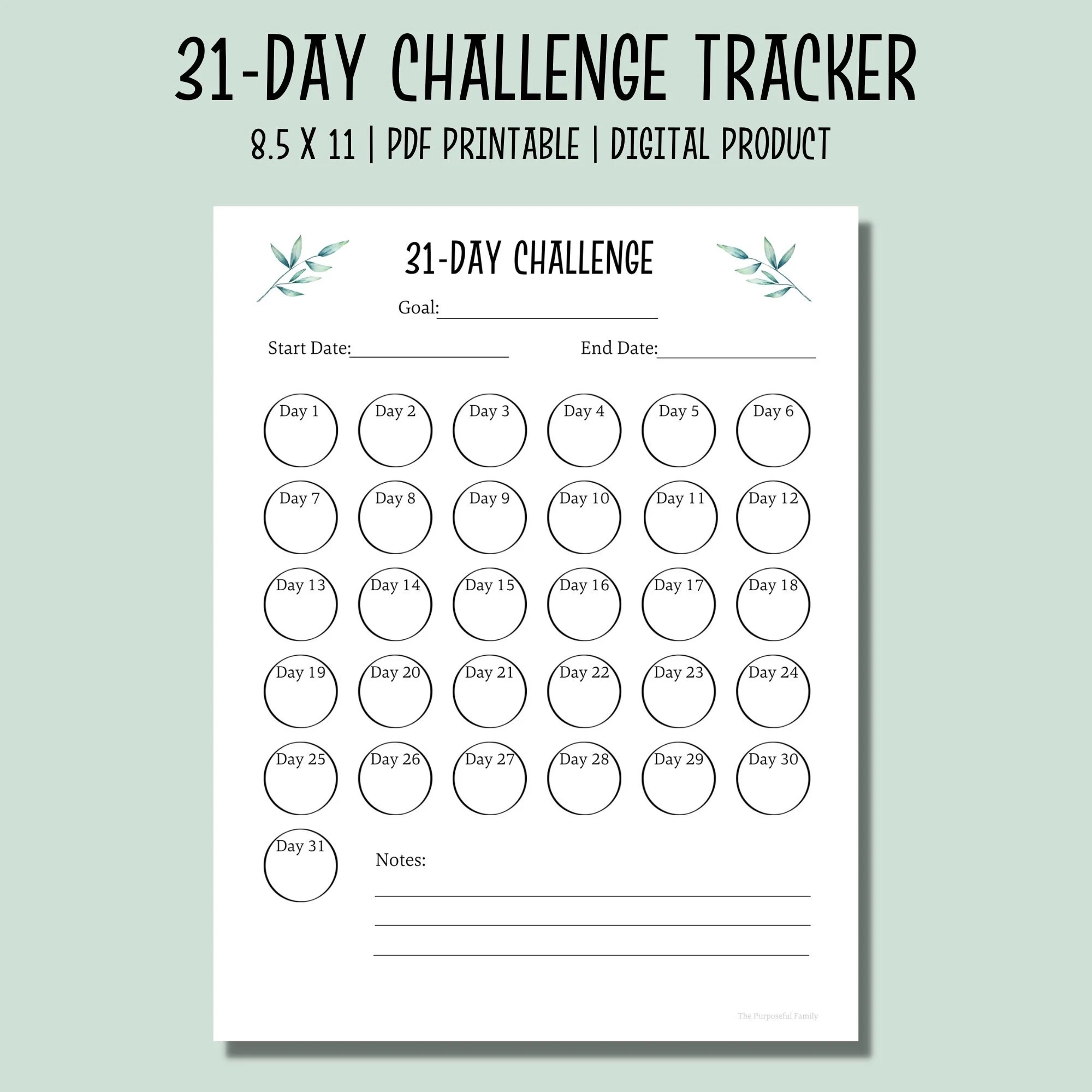 31 Day Challenge Tracker Printable Habit