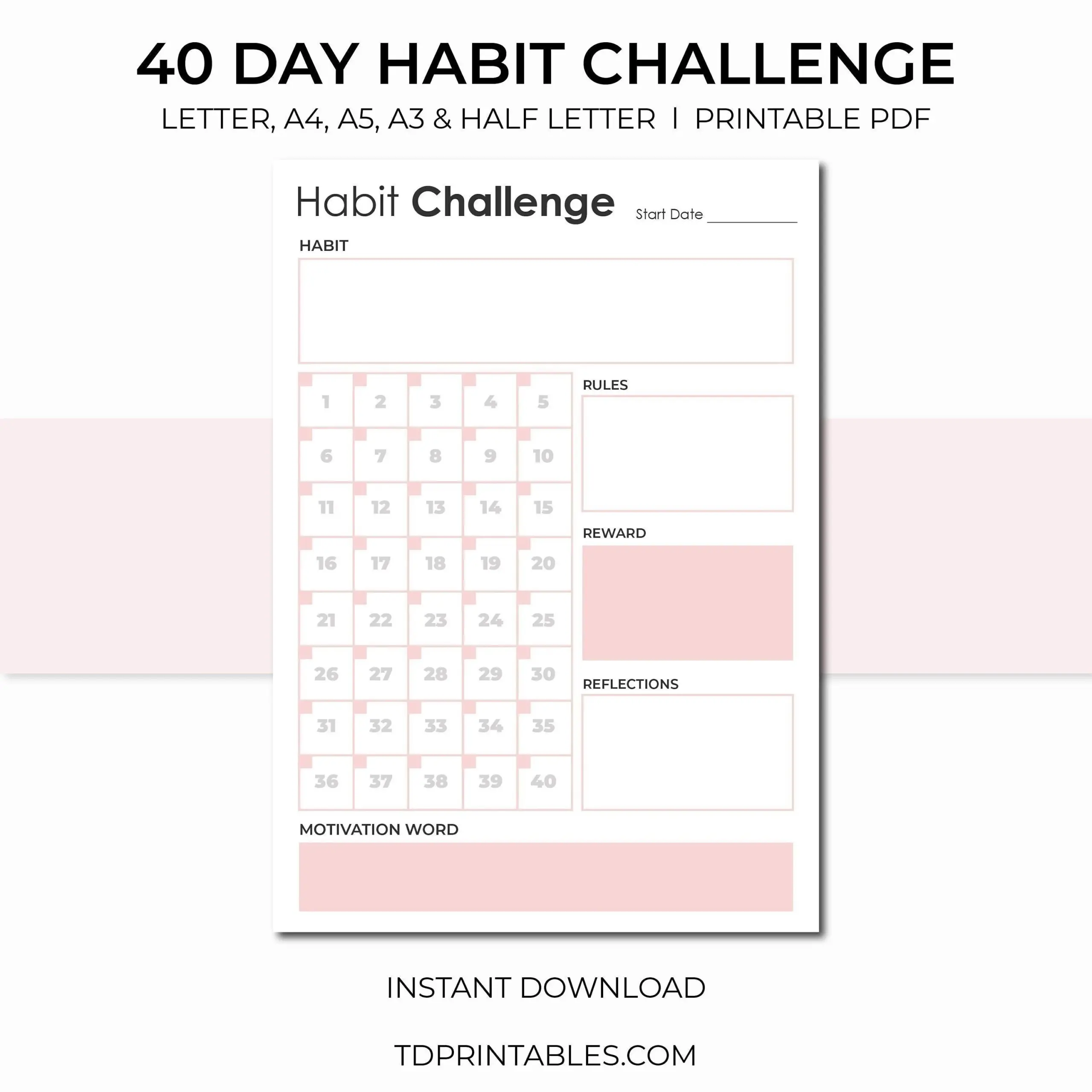 40 Day Habit Challenge Tracker Goal