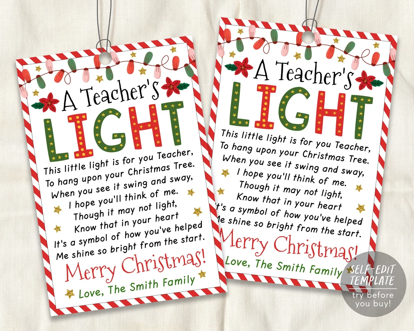 A Teachers Light Gift Tag Editable Template Teacher Christmas Ornament Holiday Glitter Favor Tag Thank You School Appreciation Pto Pta 363050557