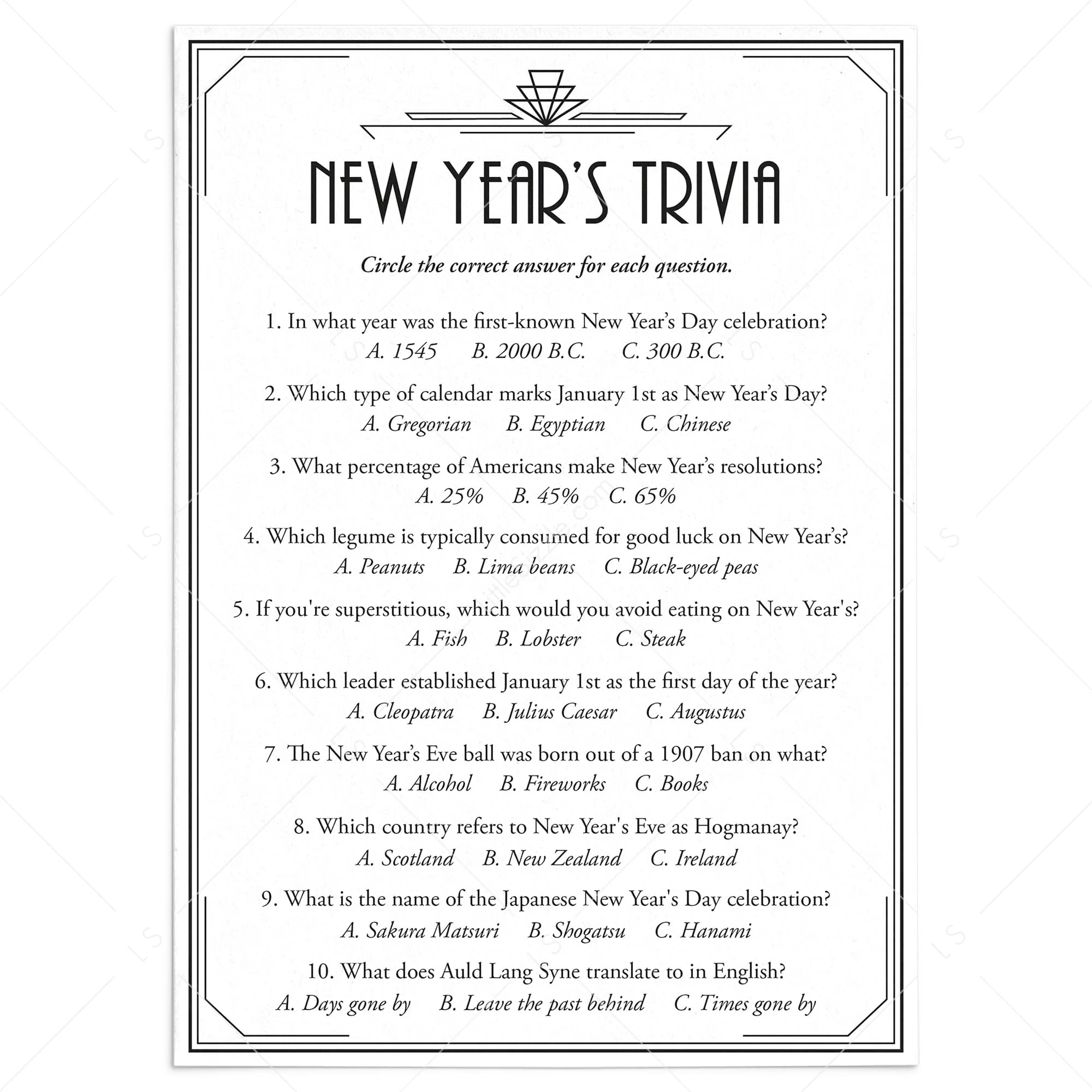 Art Deco New Years Eve Trivia Quiz With Answers Printable