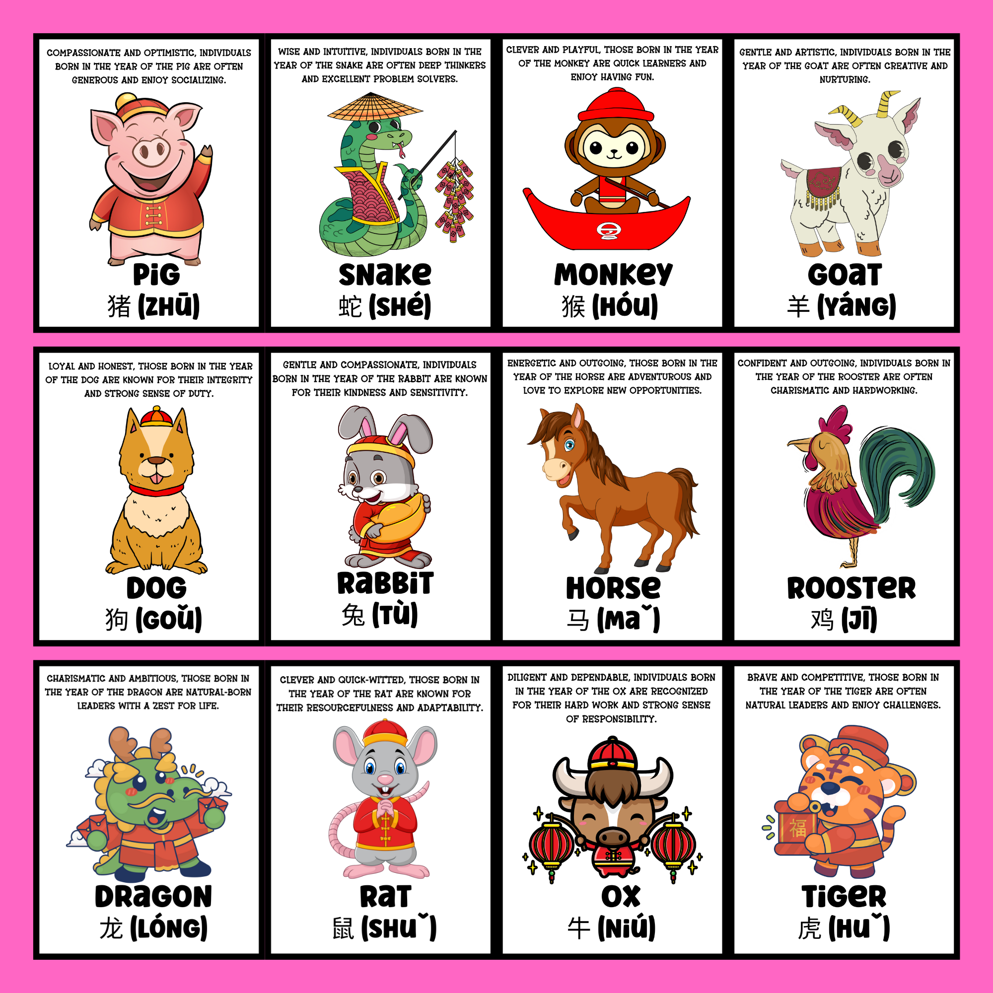 Bilingual Chinese Zodiac Animals Poster And Flashcards Bilingual Chinese Zodiac Animals Poster And Flashcards