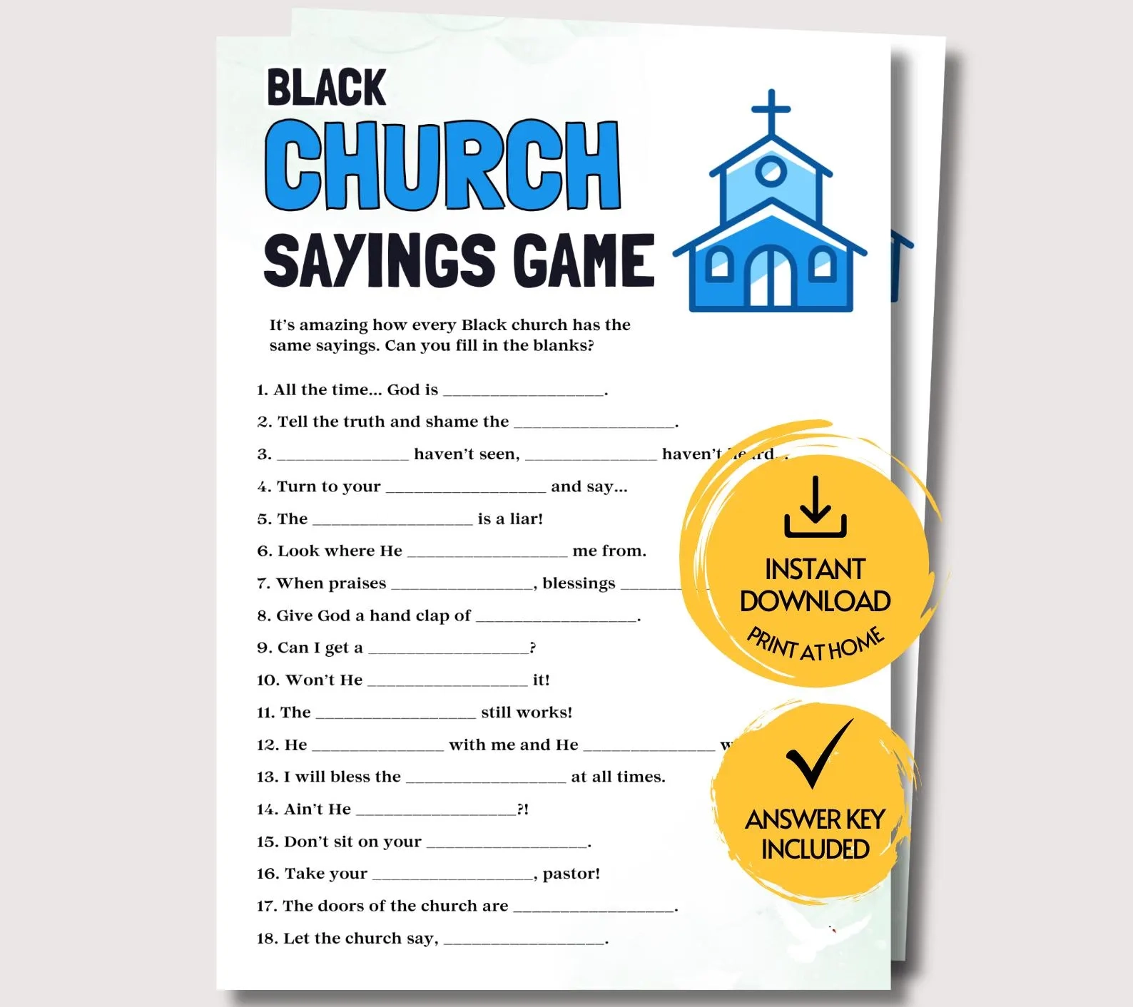 Black Church Sayings Game Printable Game