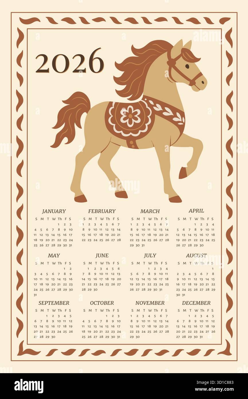 Chinese New Year Calendar For 2026 Ready Calendar Grid With Design Symbol Of The New Year Horse Fire Horse Calendar Template Ready Design For Printing Vector Illustration Image706509667