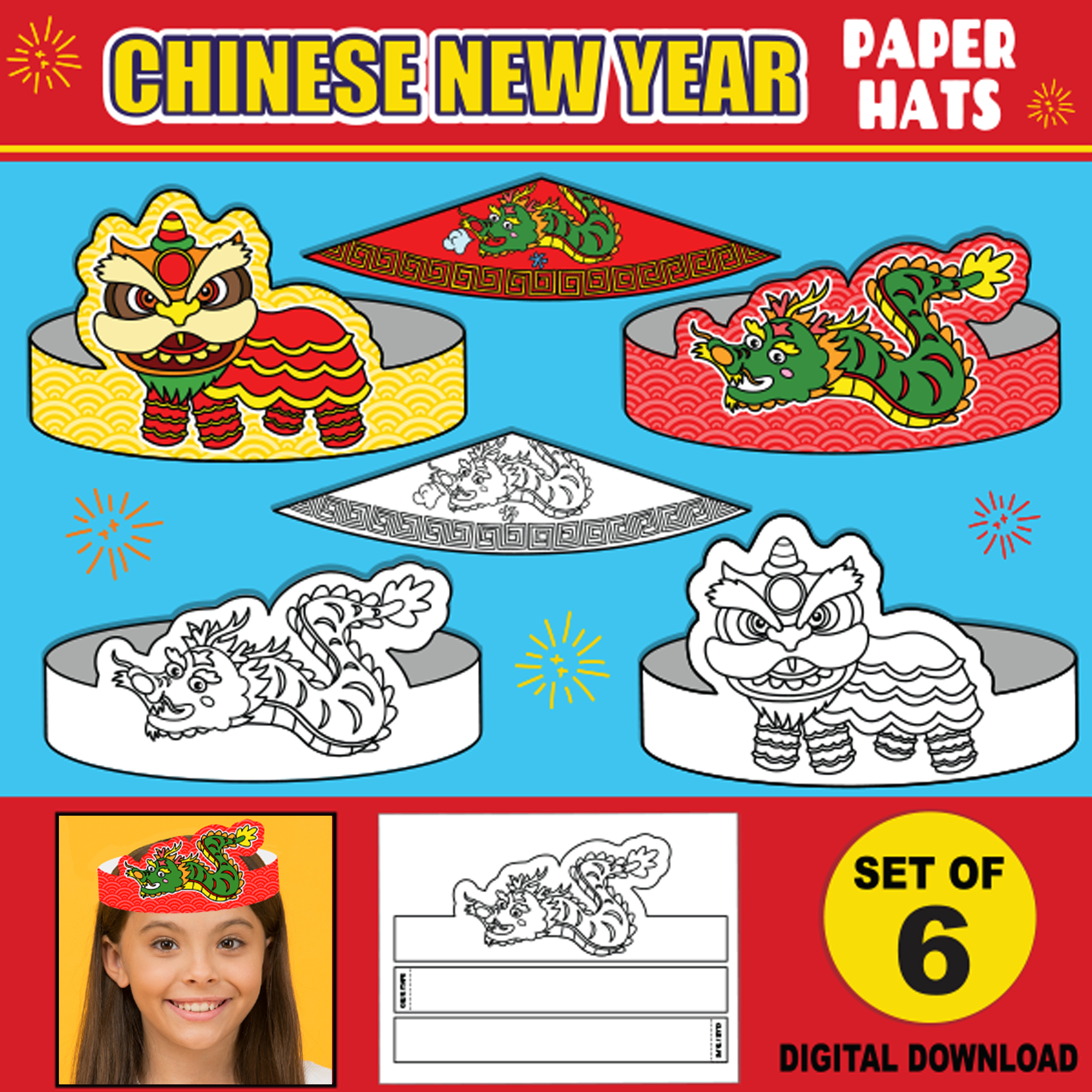Chinese New Year Paper Crowns For Kids Printable Lunar New Year Paper Hat Headbands Craft Activity