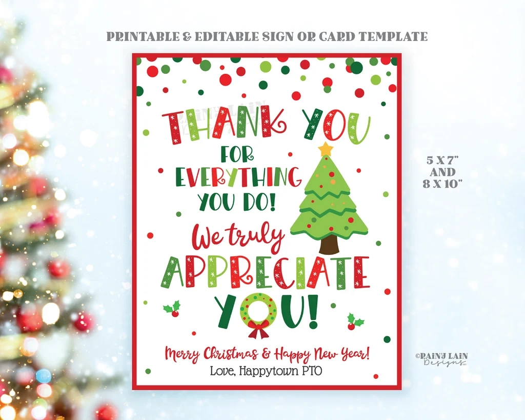 Christmas Appreciation Sign Printable Holiday Thank You Card School Pto Teacher Staff Employee Nurse Volunteer Party Decor Download