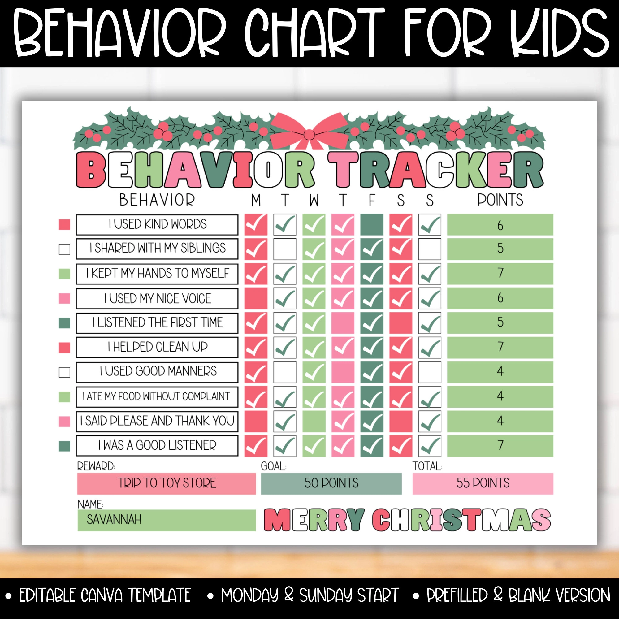 Christmas Editable Behavior Tracker For