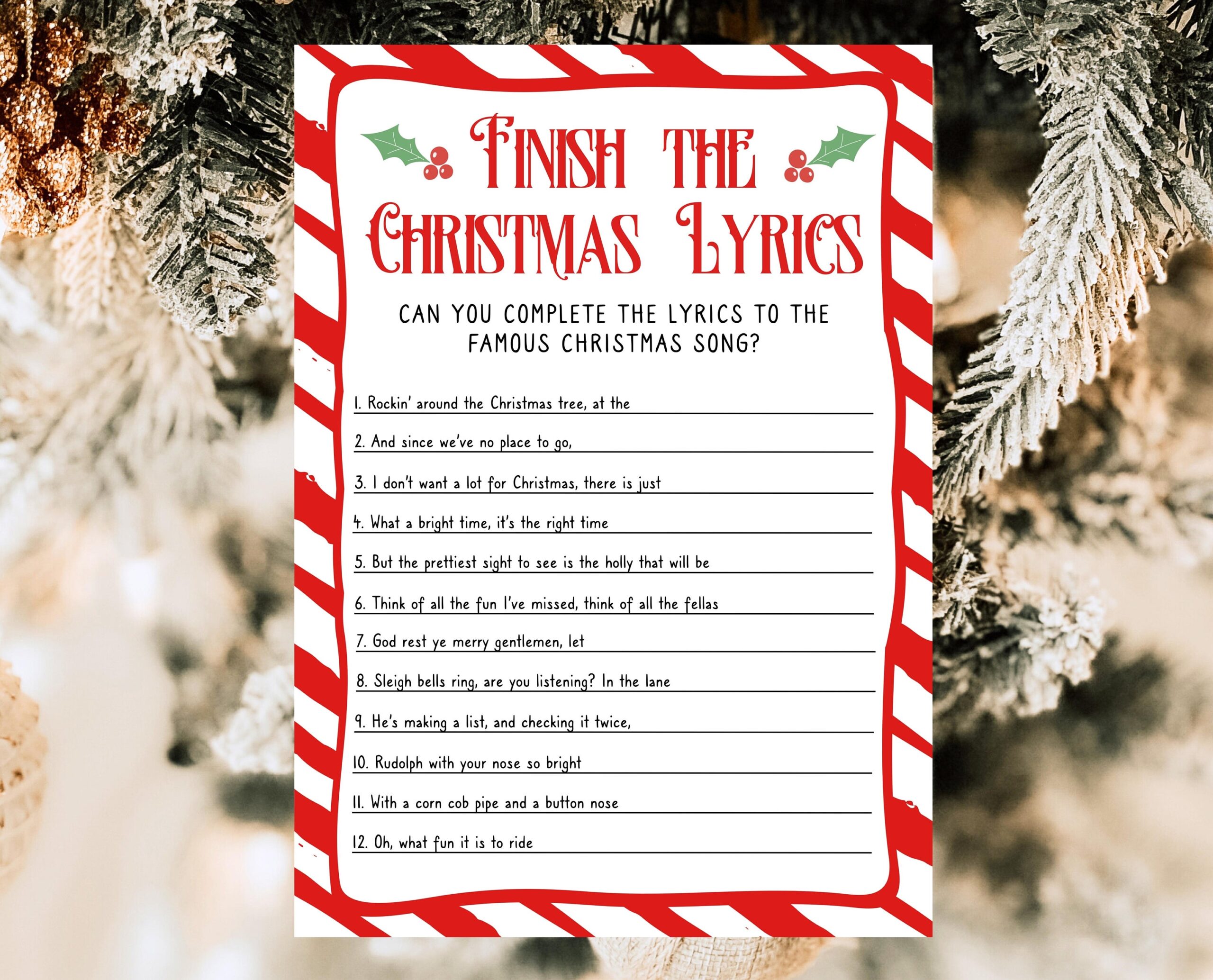 Christmas Lyrics Game Printable Holiday