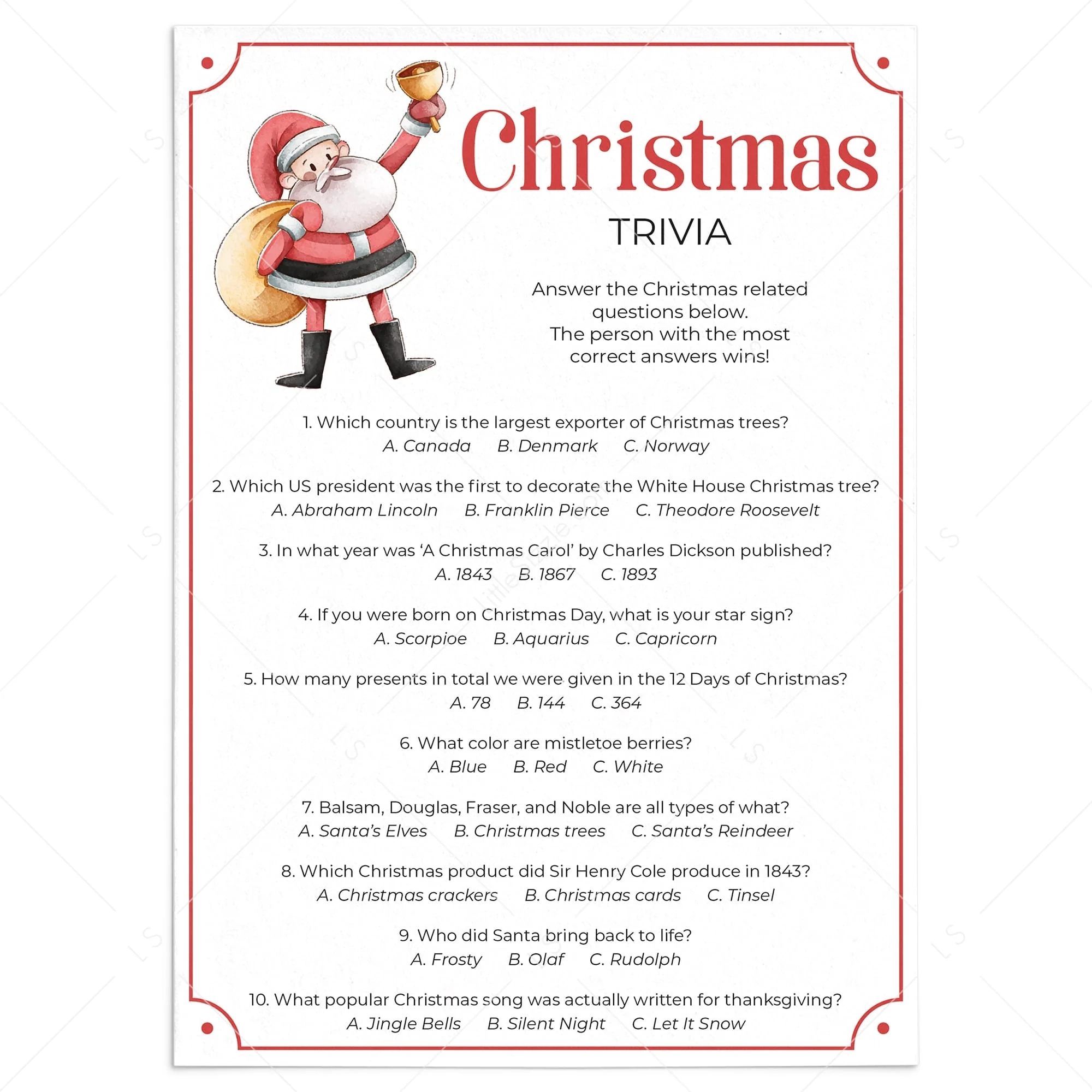 christmas trivia card game free printable
