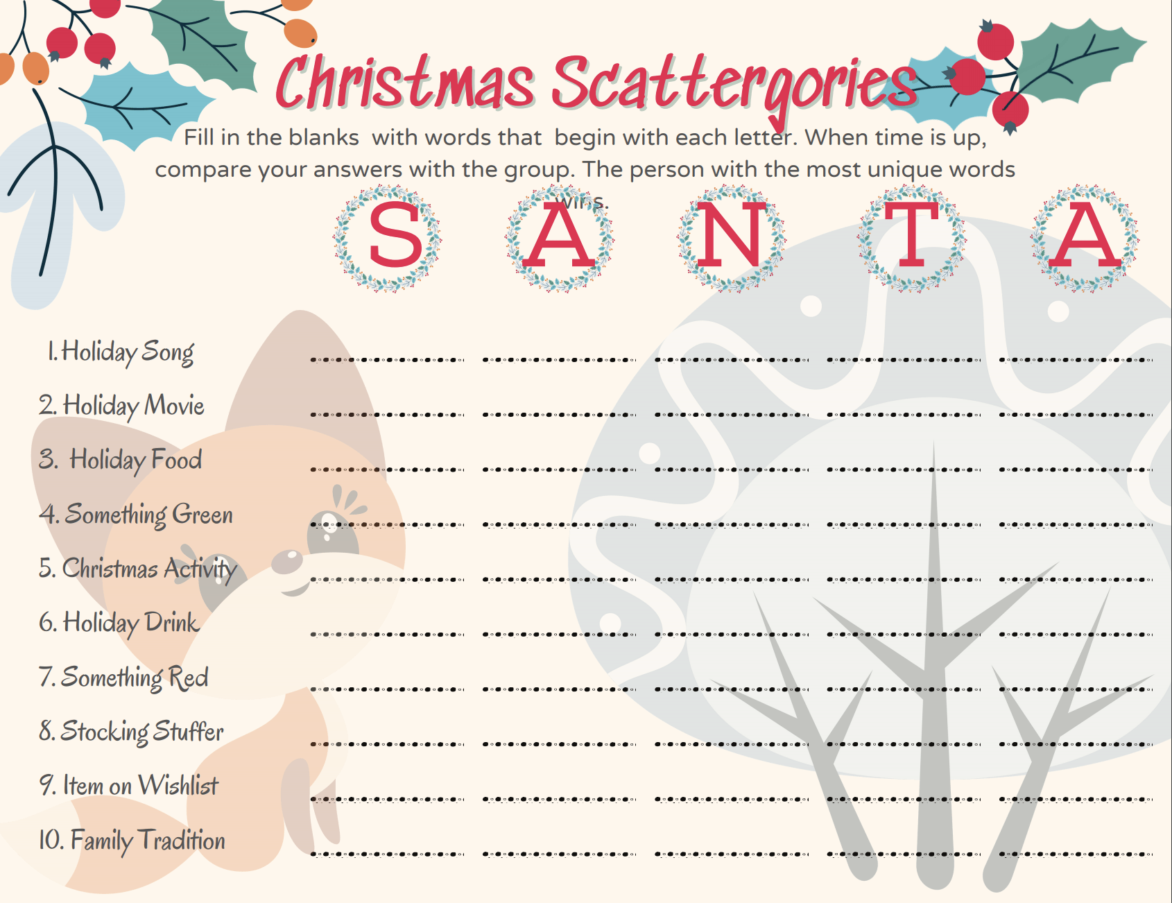 Christmas Scattergories Family Game Free Printable