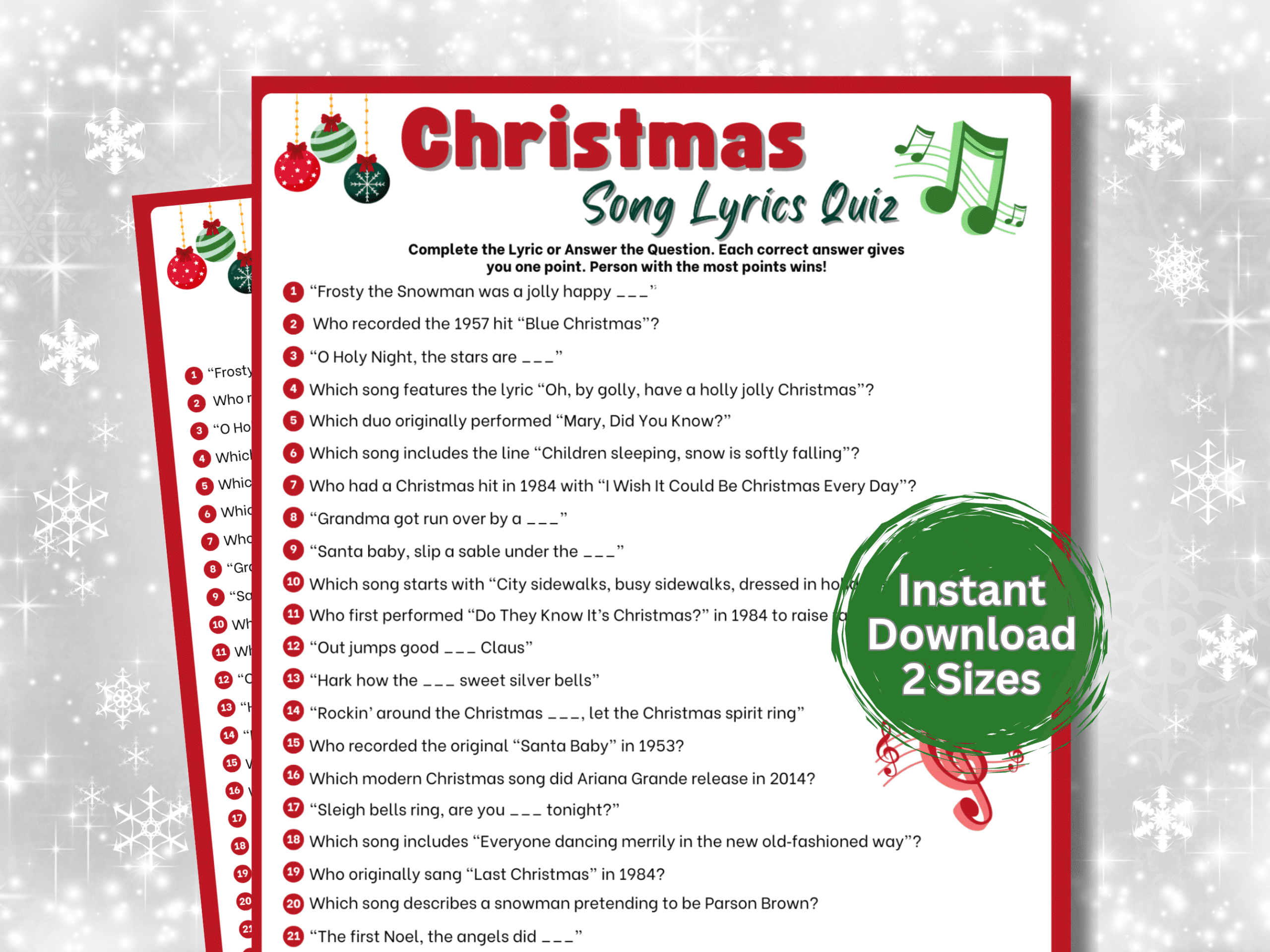 Christmas Song Lyrics Quiz Printable