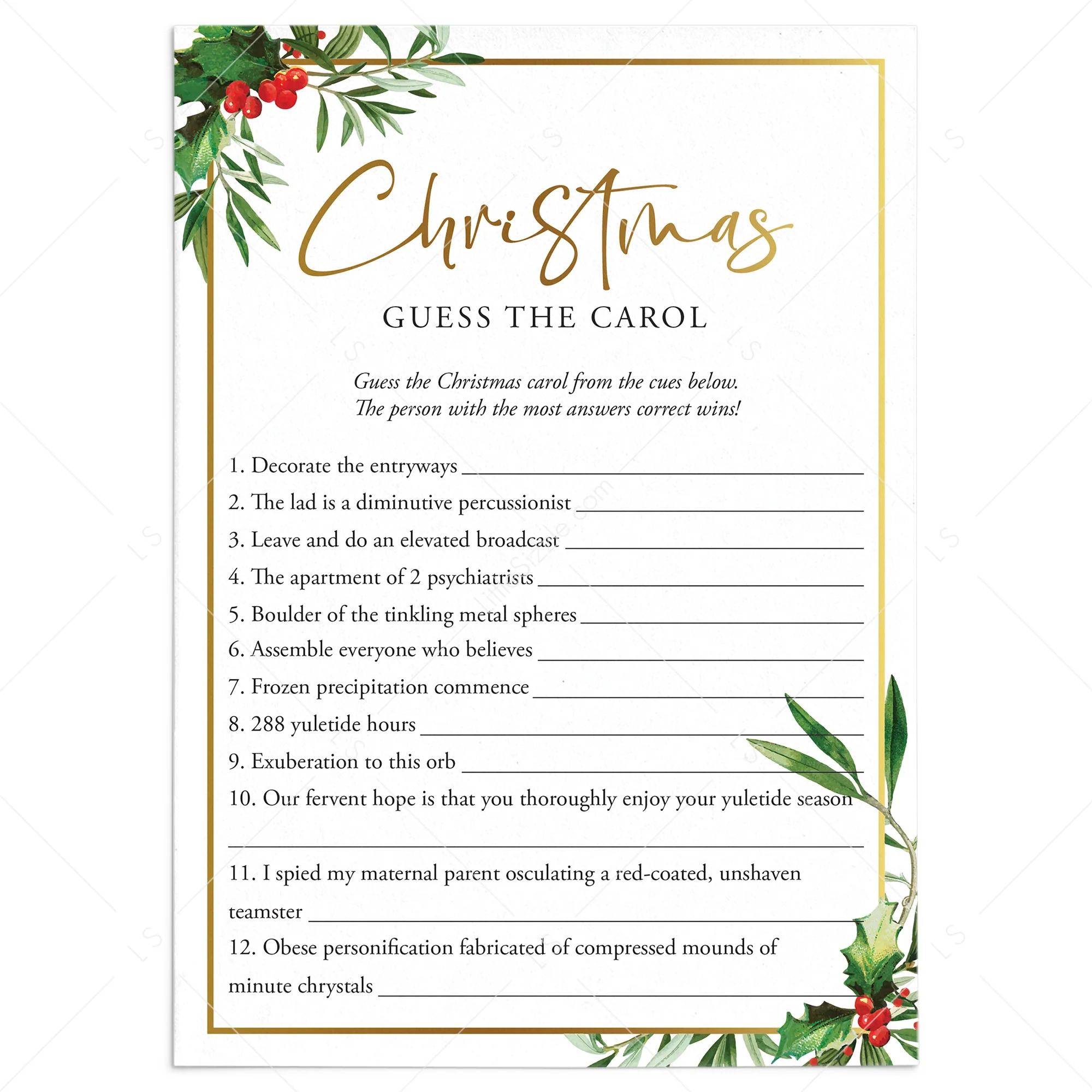 christmas song riddles with answers printable