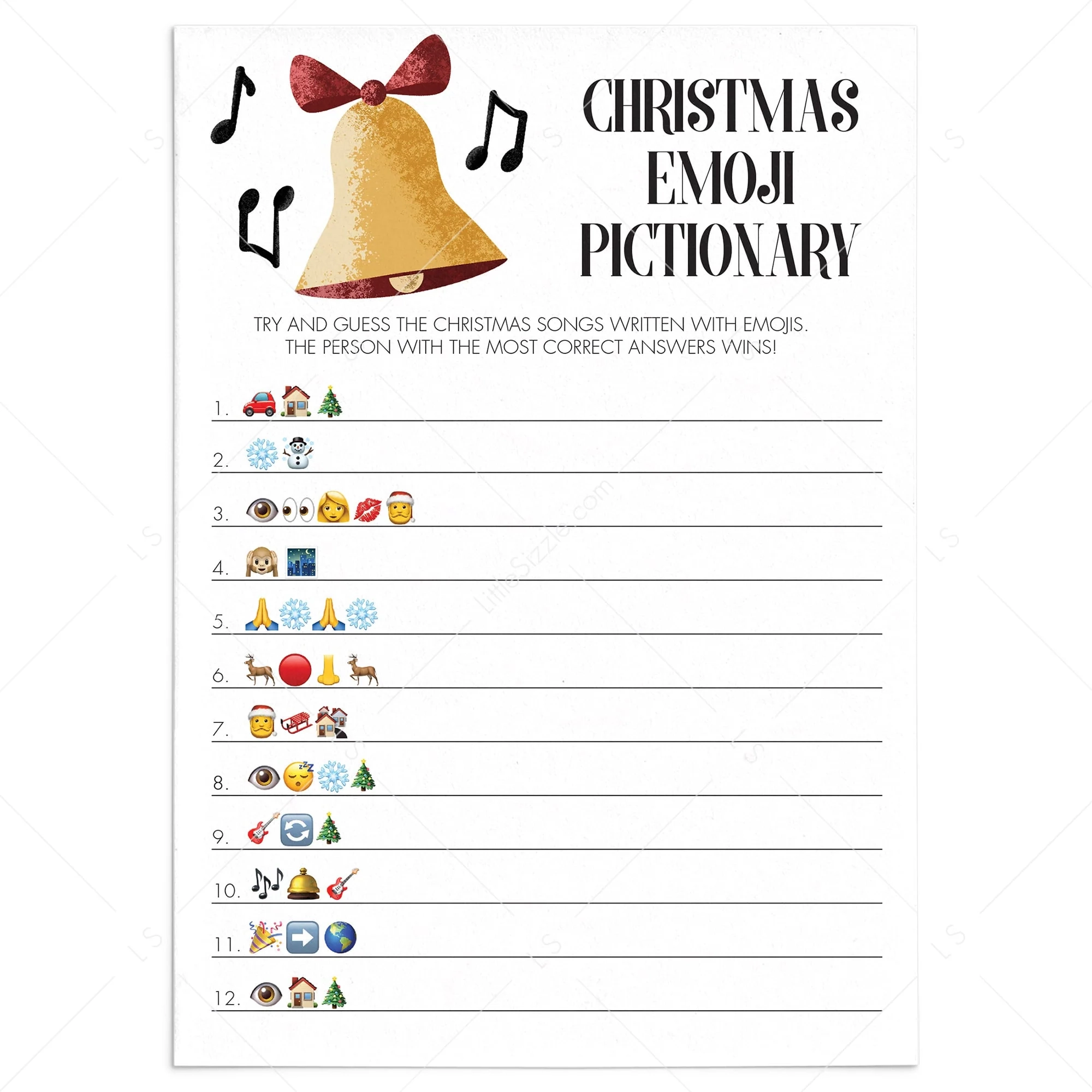 Christmas Songs Emoji Pictionary Game Printable