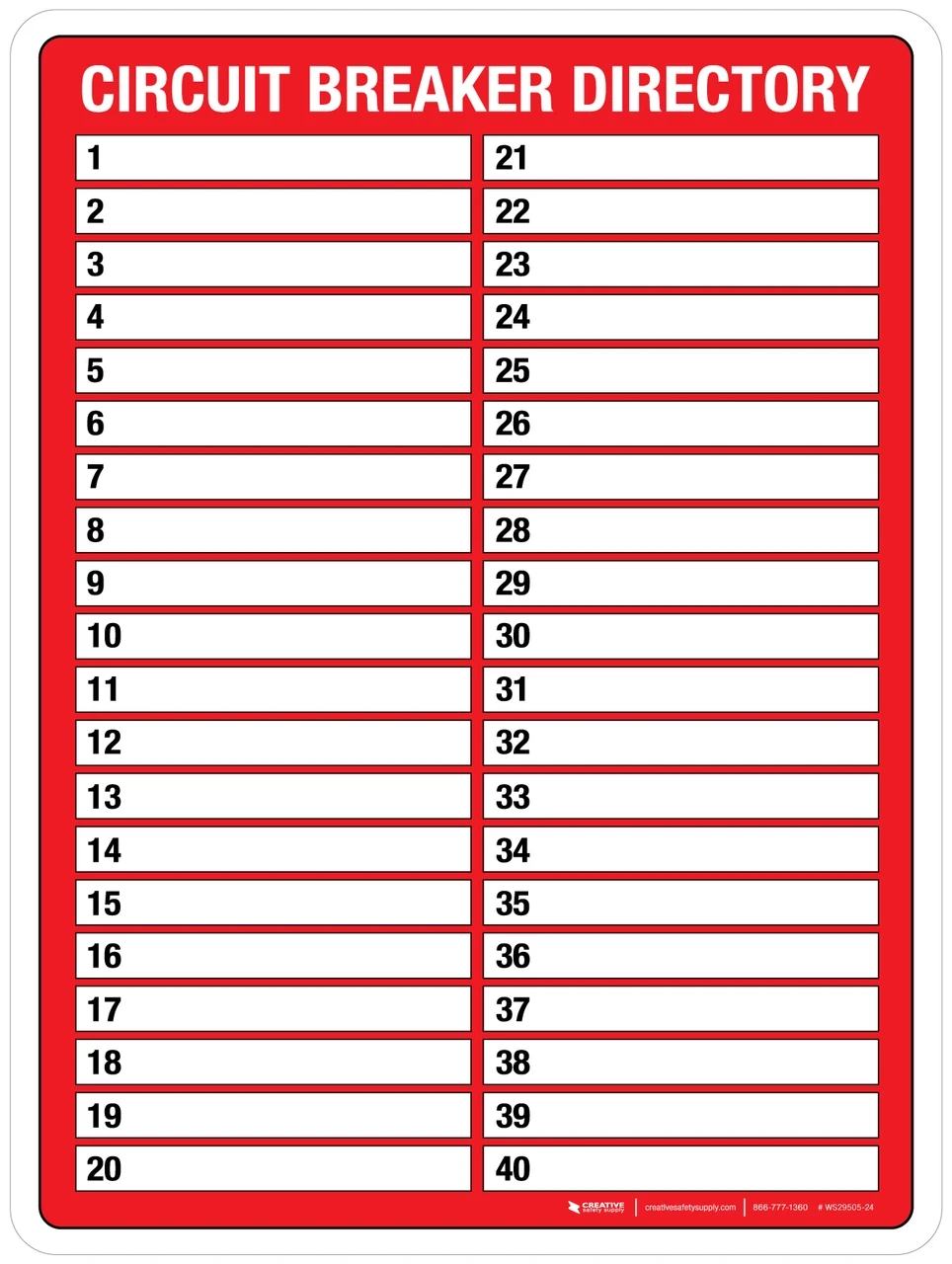 Circuit Breaker Directory Red Portrait Wall Sign