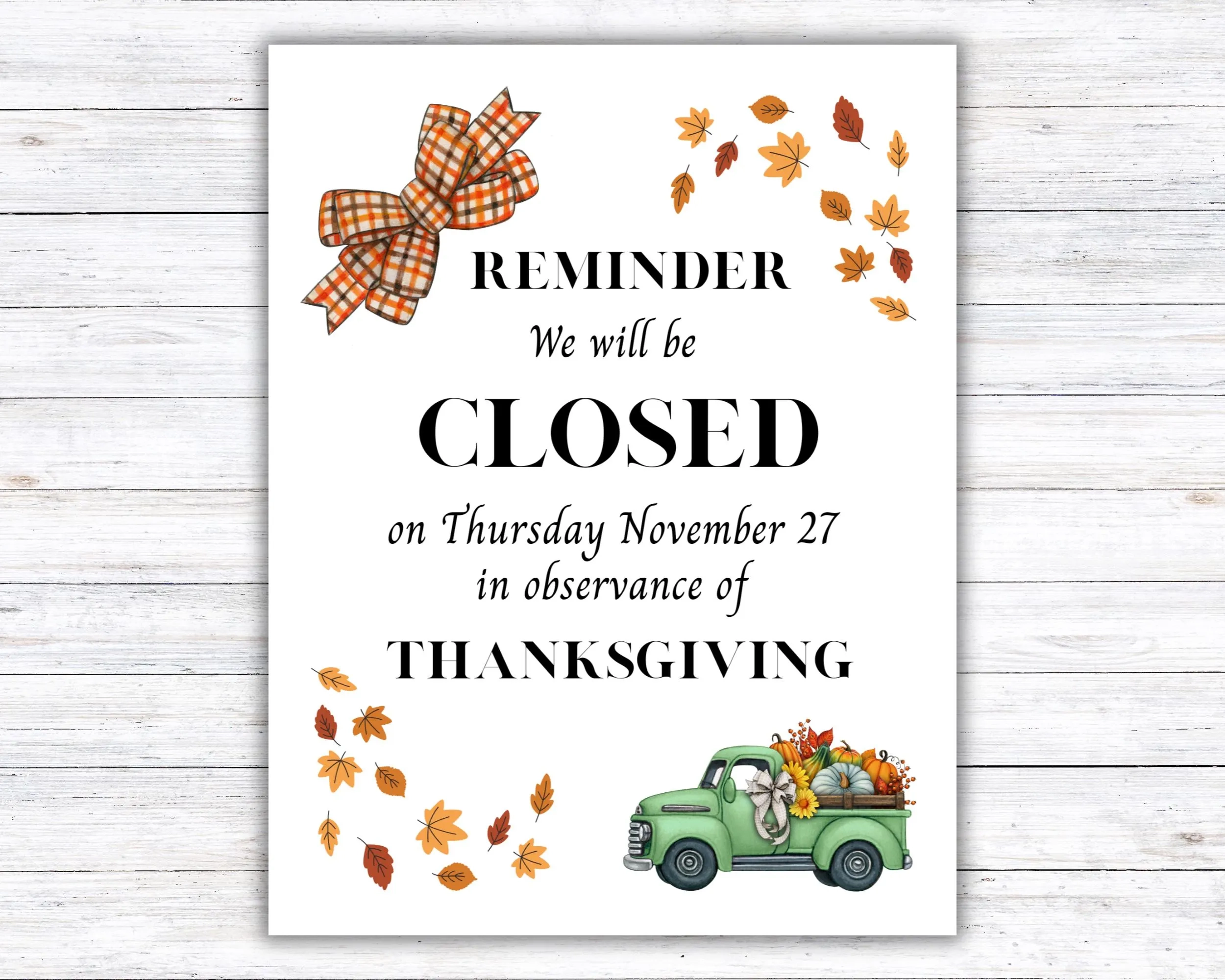Closed For Thanksgiving Sign Closed For Thanksgiving Sign
