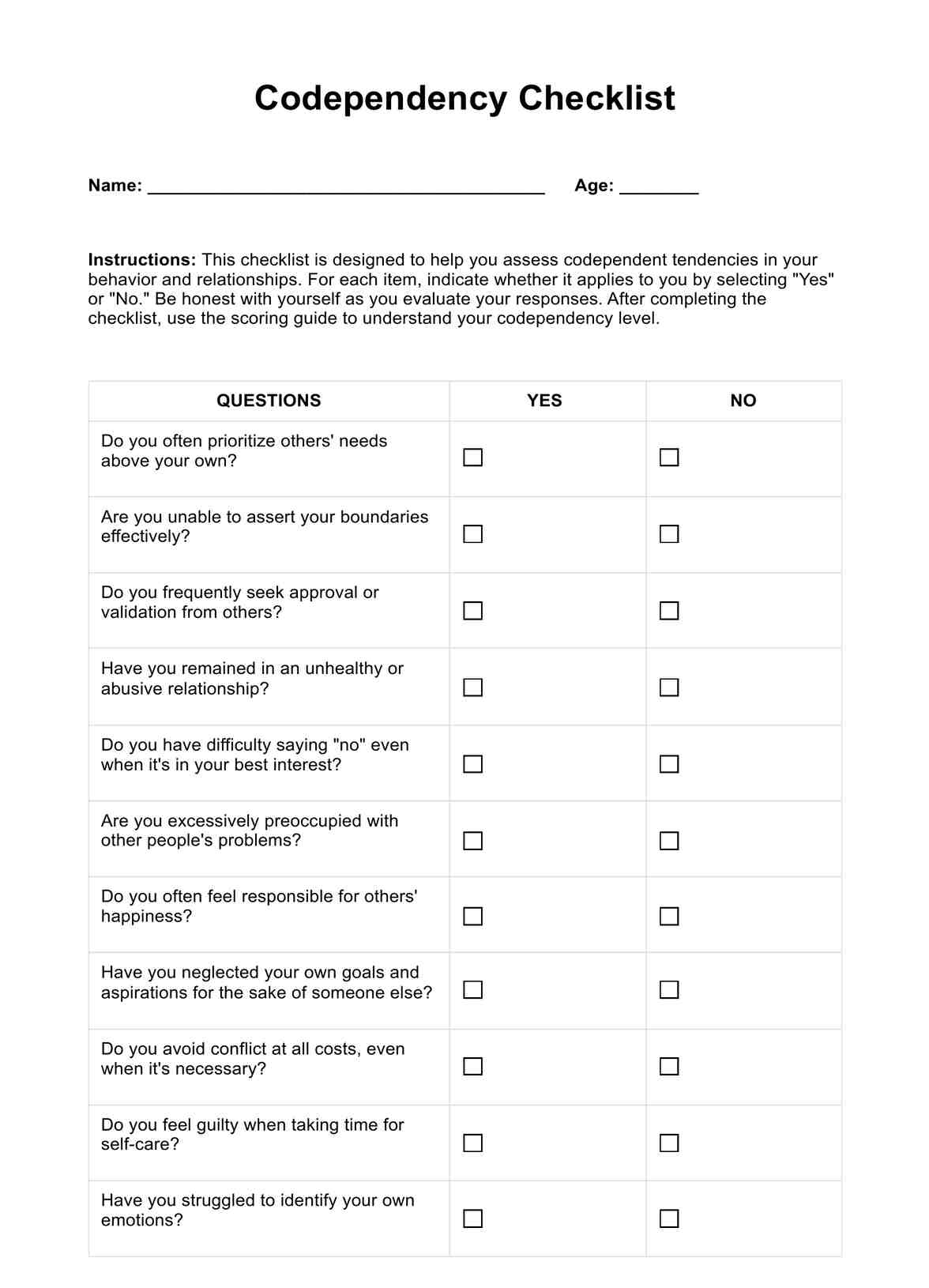 Codependency Checklists