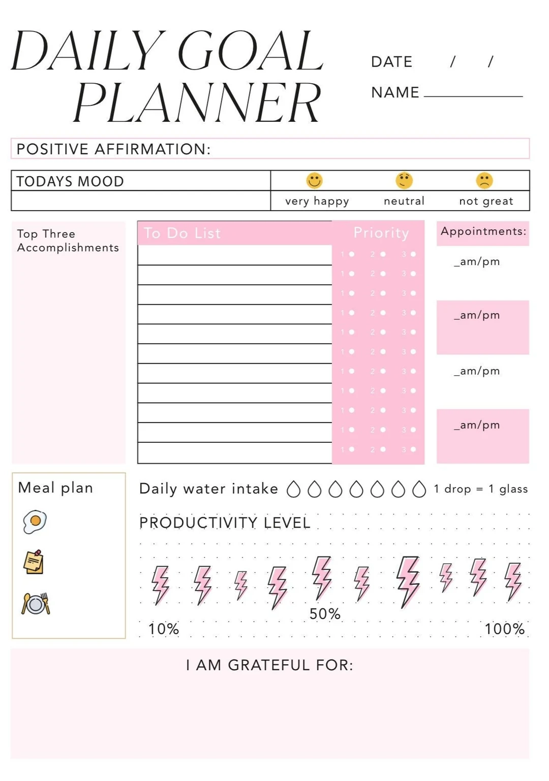 Daily Goal Planner Printable Goal