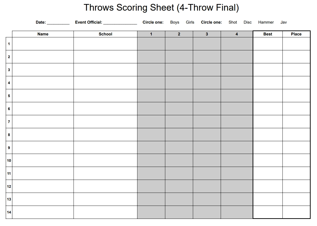 Digital Download Custom Horizontal Jumps 4 Jump Final Scoring Sheet