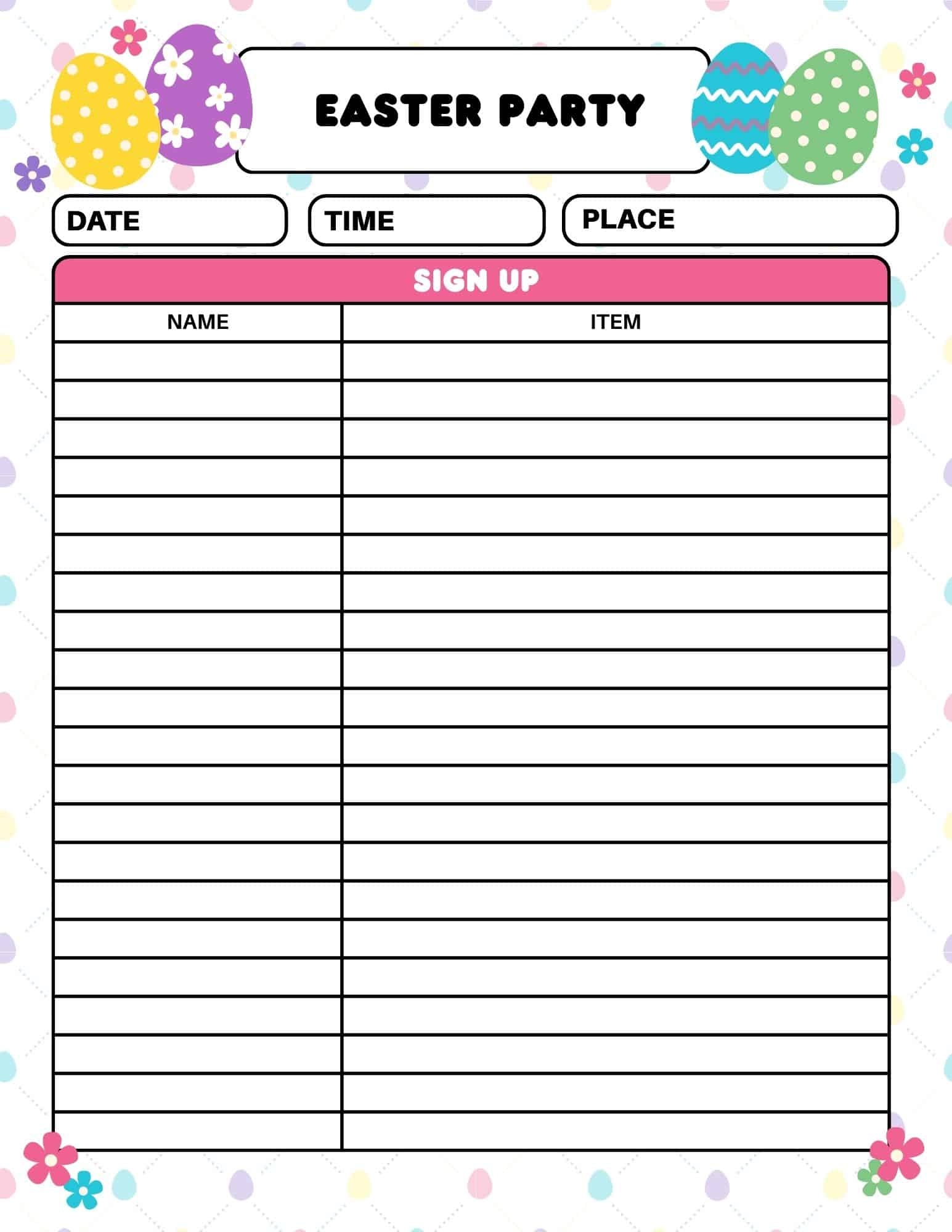 Easter Party Sign Up Sheet Easter Party Sign Up Sheet