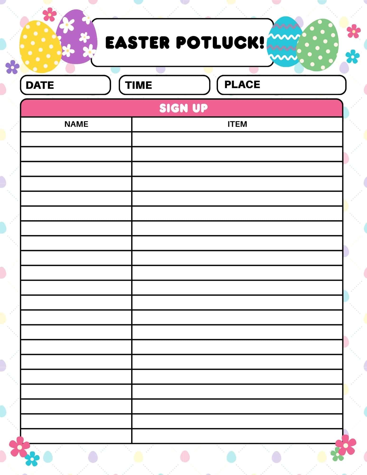 Easter Potluck Sign Up Sheet Easter Potluck Sign Up Sheet