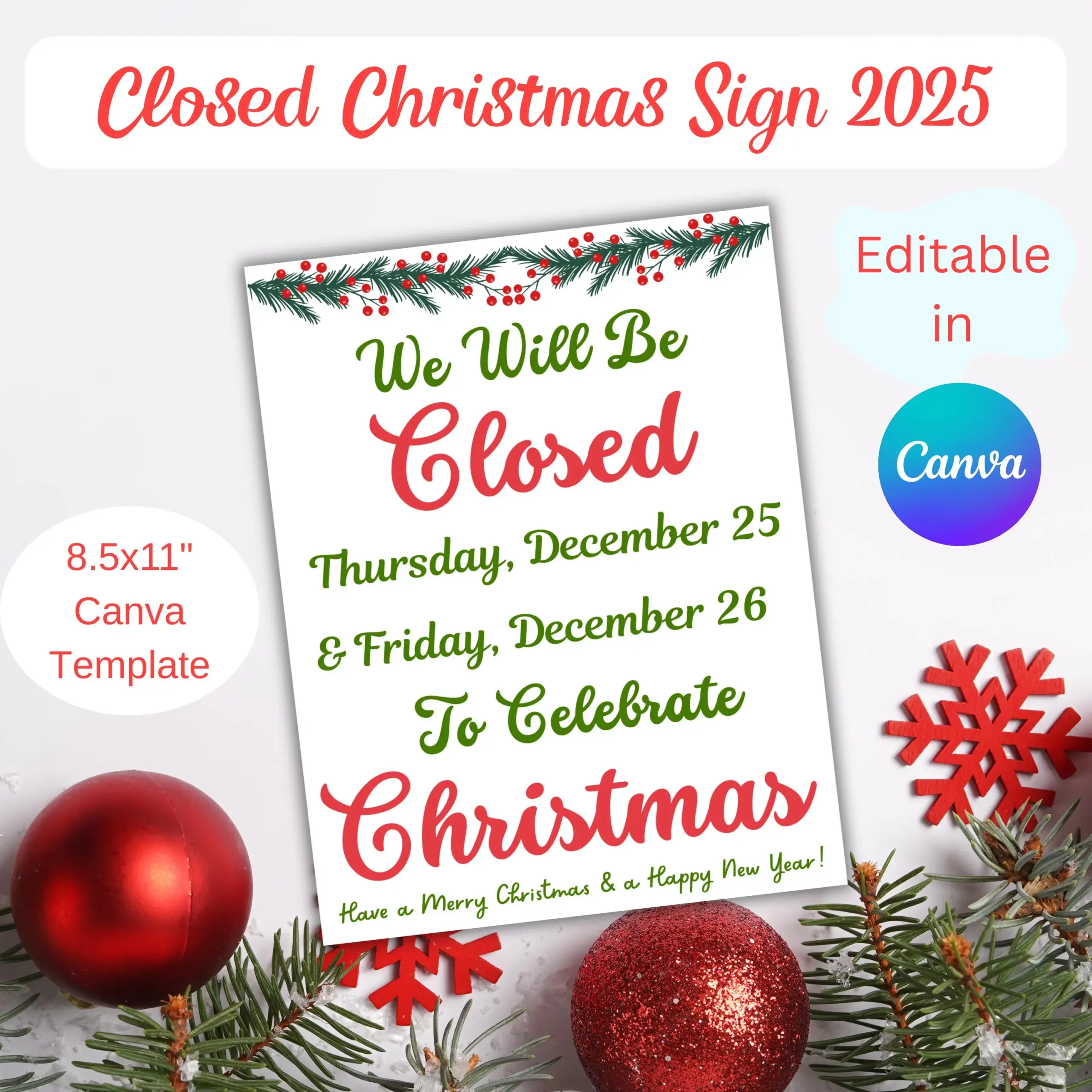 Editable Closed For Christmas Sign