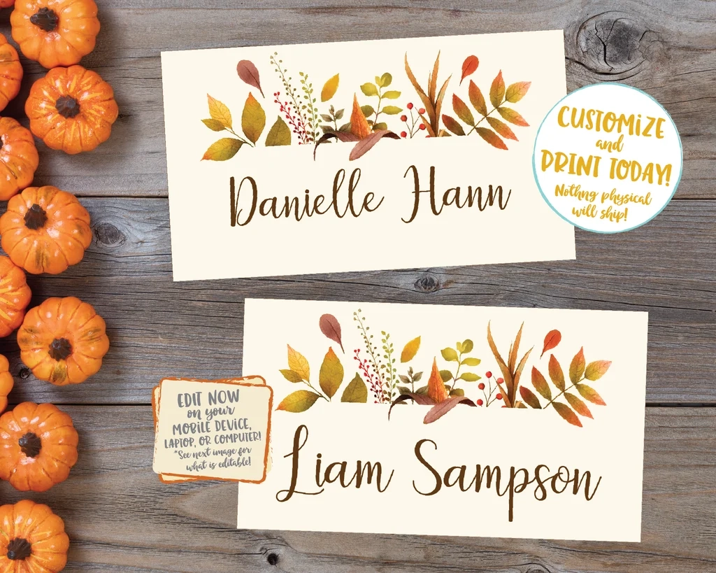 Editable Thanksgiving Place Cards Thanksgiving Name Cards Thanksgiving Placecards Friendsgiving Place Cards Printable Plaid Floral Leaves