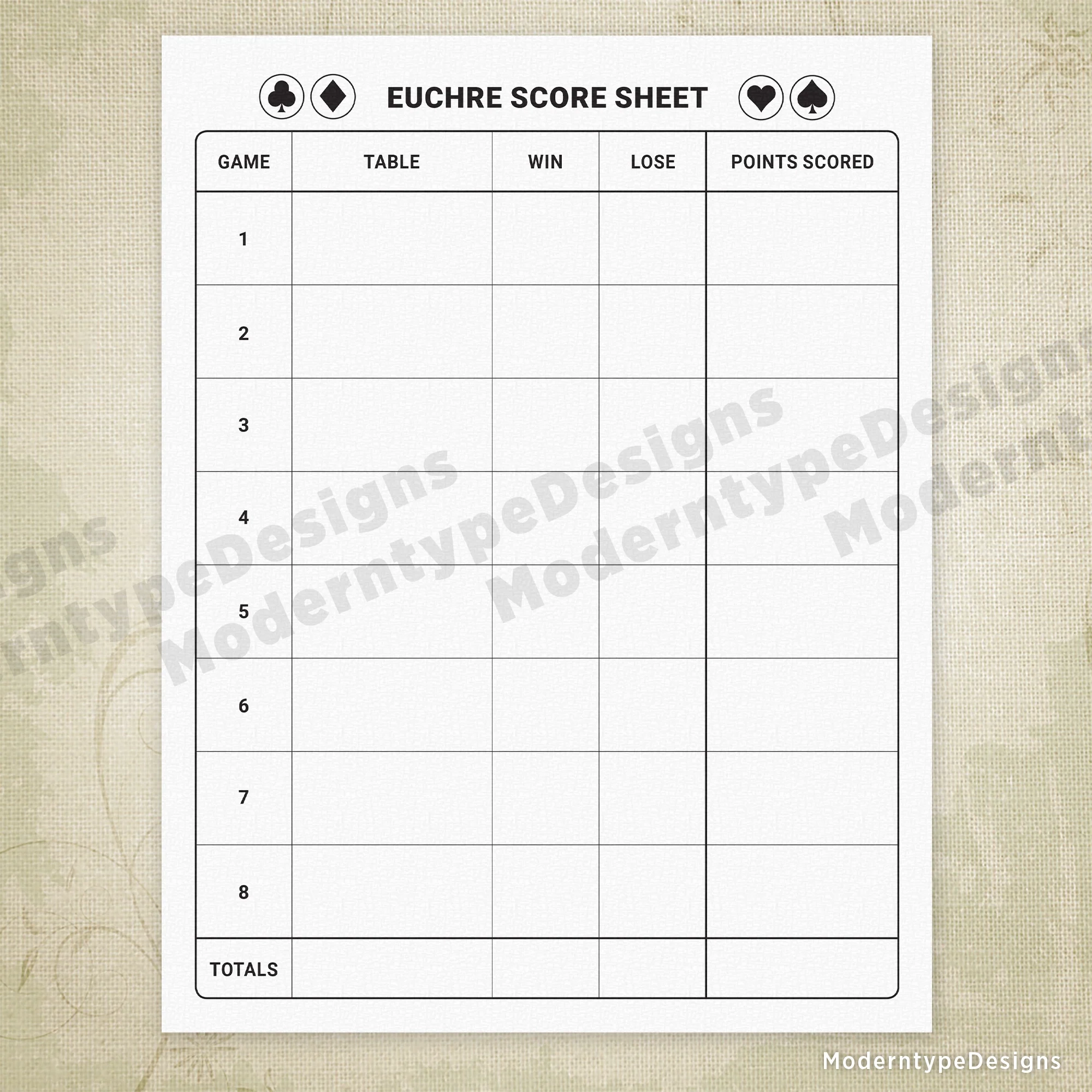 Euchre Score Sheet Printable Gam008