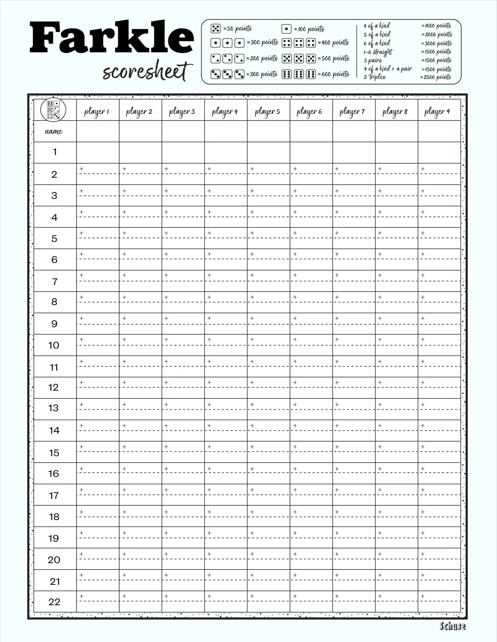 Farkle Extra Game Sheets Different Sizes