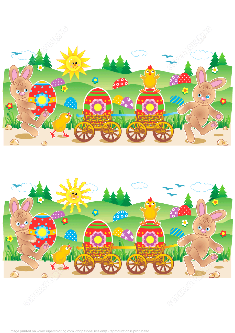 Find 10 Differences Easter Bunnies Chicks Painted Eggs