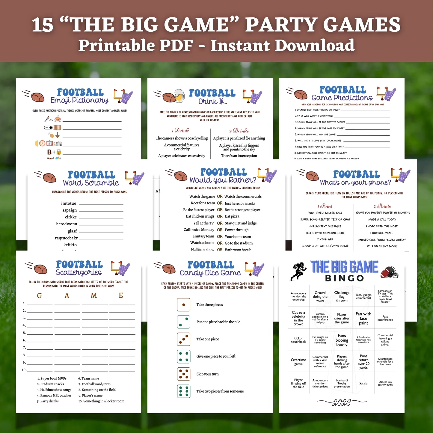 Football Party Games Bundle Printable 2025 The Big Game Super Sunday Activity For Kids Adults Tailgate Family Group Fantasy Activities