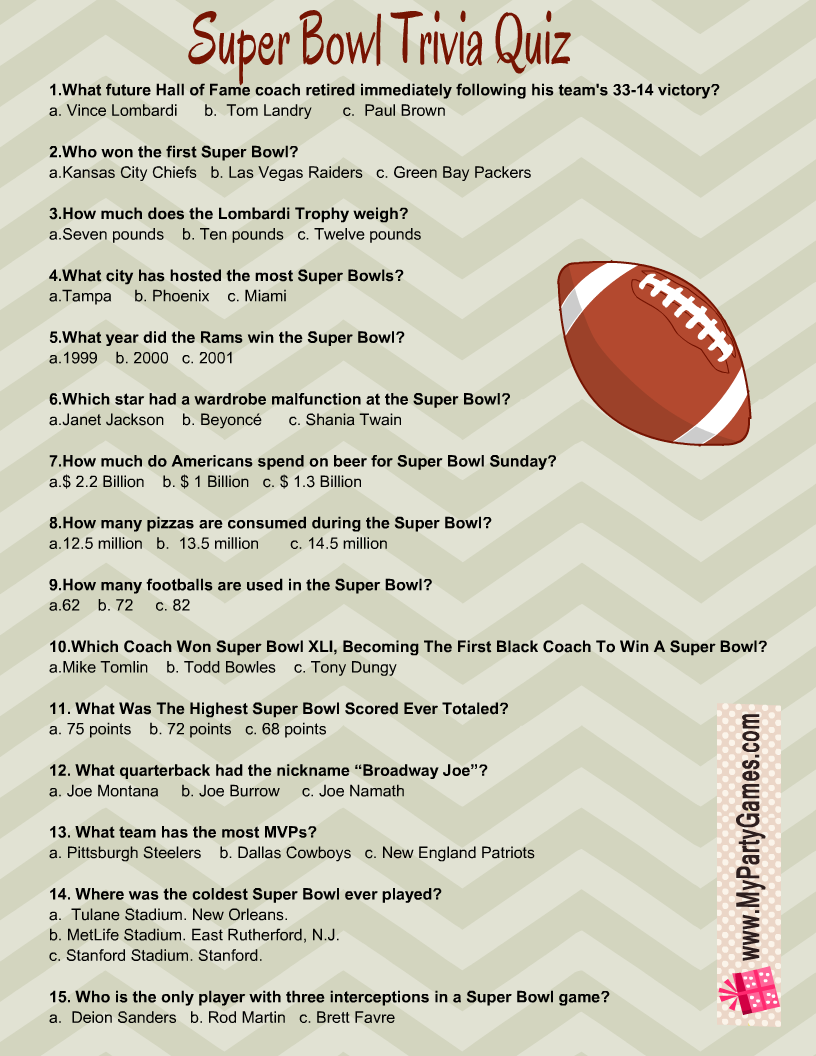 Free Printable Football Super Bowl Trivia Quiz Free Printable Football Super Bowl Trivia Quiz