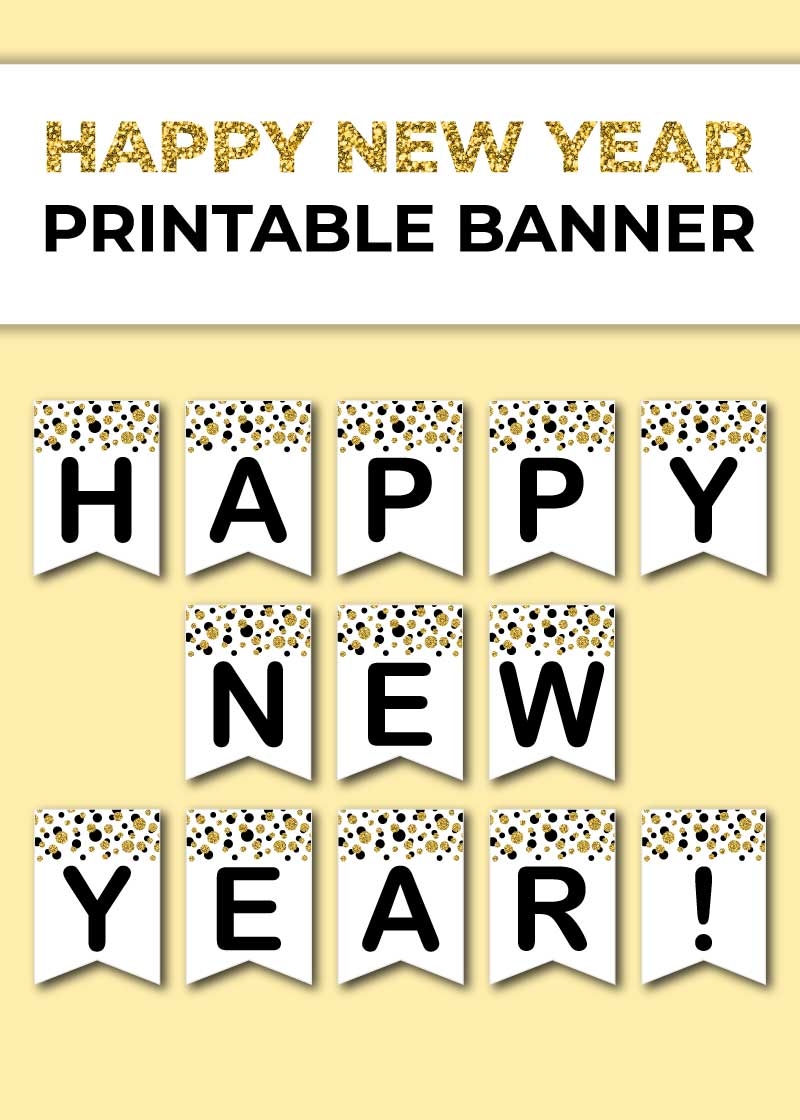 Free Printable Happy New Year Banner Black And Golden Confetti