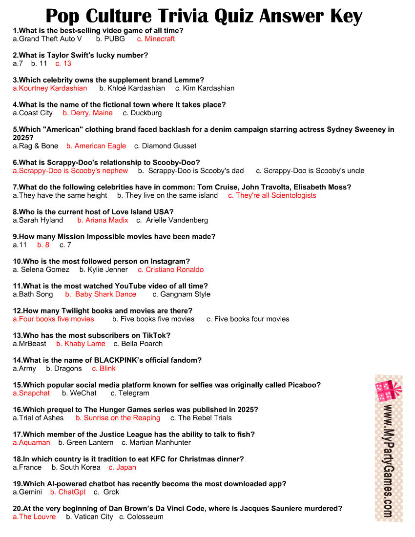 Free Printable Pop Culture Trivia Quiz For 2026