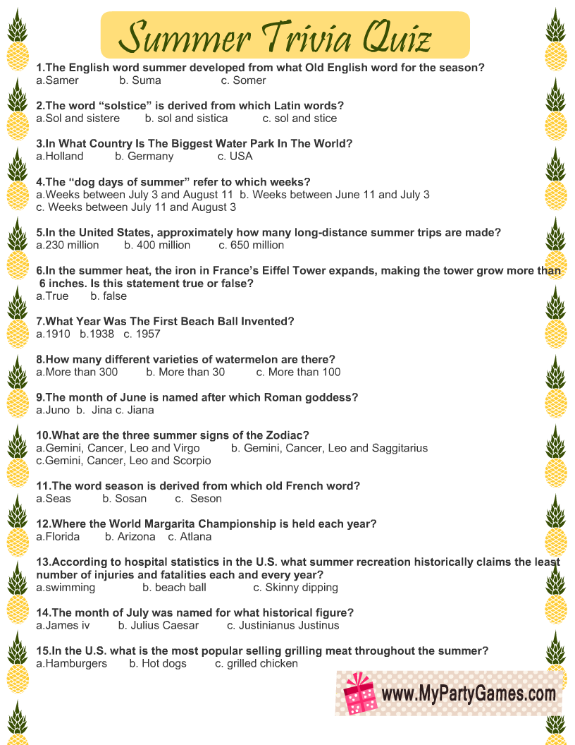 Free Printable Summer Trivia Quiz Free Printable Summer Trivia Quiz