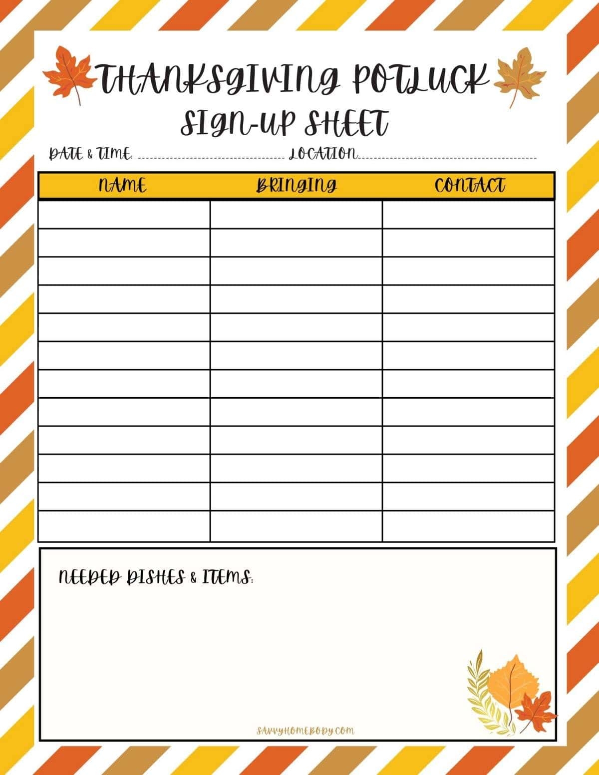 Free Thanksgiving Potluck Sign Up Sheets