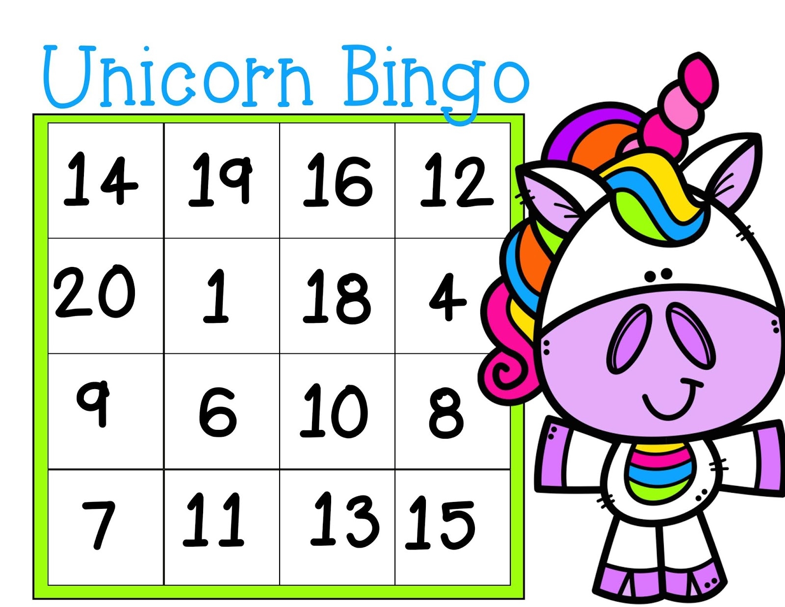 Free Unicorn Bingo Numbers 1 20